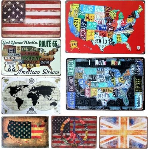 Country Car Plates USA Route 66 Map Vintage Tin Sign Bar Pub Home Garage Wall Decor Retro Metal Art Poster Plaque 30x20cm