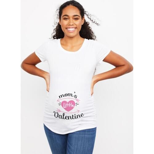 Moms Litttle Valentine Funny Maternity T-shirt Cute Cartoon Hearts and Arrows Print Valentines Day Pregnant Plus Size T Shirt