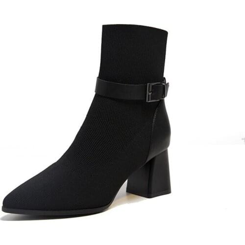 2021 Early Autumn New Classics Concise Style Stretch Boots Comfortable Pointed Toe Middle Heel Womens Boots with Platform