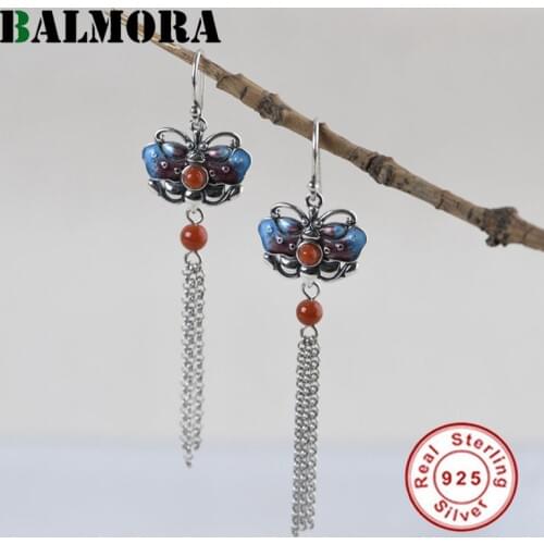 BALMORA Real Original 925 Sterling Silver Drop Earrings for Women Girl Enameling Lotus Dangle Best Gift Party Jewelry Brincos