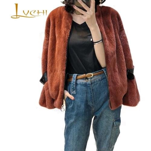 LVCHI Winter 2019 Womens Patchwork Belt Mink Coat Natural Fur Long Sleeve Mink Coat Short Caramel Color Imported Mink Fur Coat