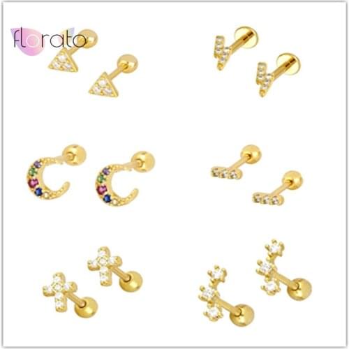 1Pair 925 Sterling Silver Stud Earrings Helix Heart Cross Moon Piercing Earrings For Women Fine Jewelry Cartilage Aretes