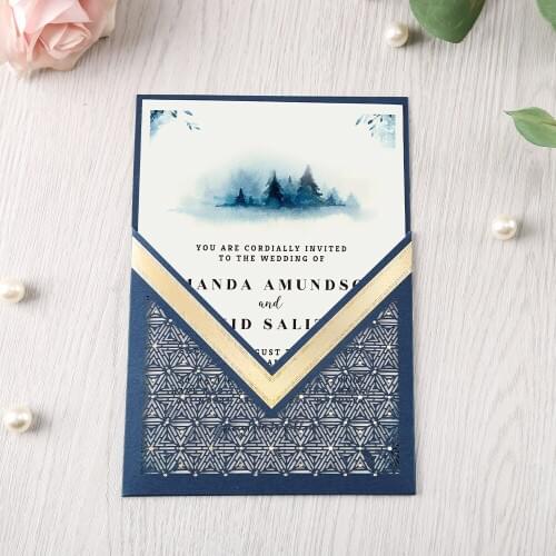 100pcs Navy Blue laser cut flor Pocket Invitations Greeting Cards with Envelope Customized Party,CW0009