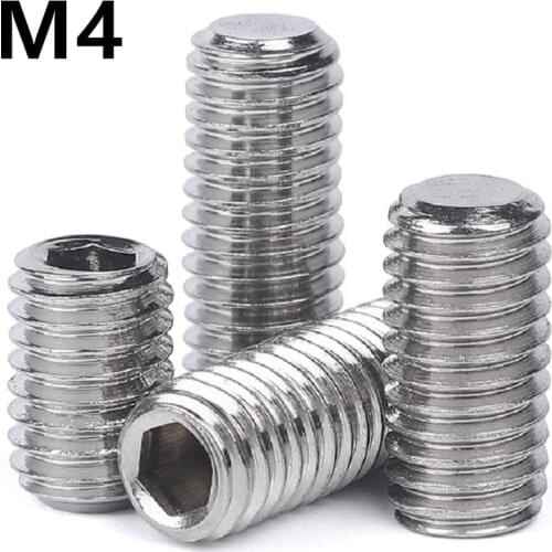 100PCS M4x3/4/5/6/8/10/12/16mm DIN913 GB77 Stainless Steel Thread Grub Screws Flat Point Hexagon Socket Set Screws Headless