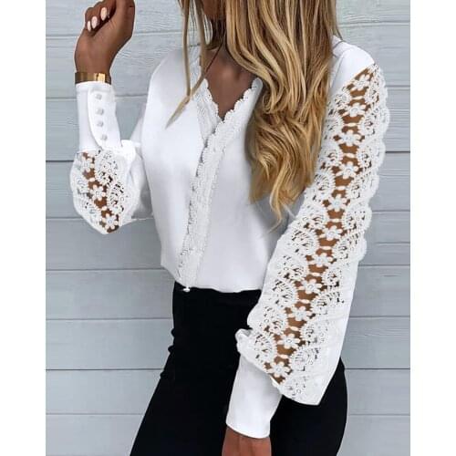 2021 Spring Summer Casual V Neck Hollow Out Lace Stitching Long Sleeve Elegant Blouse Womens Clothing Workwear Shirts White Top