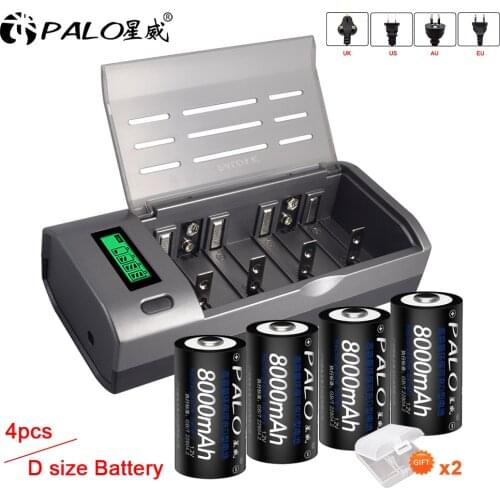 PALO 4pcs 1.2V nimh D rechargeable battery D size battery+LCD quick battery charger for 1.2V AA AAA SC C D rechargeable battery