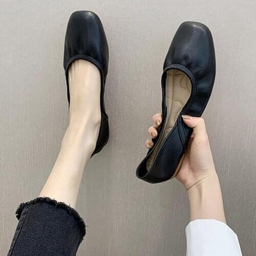 Brief folds square toe microbrief ballet shoes women slip on shallow flats moccasins soft leather non-slip loafers grandma shoes