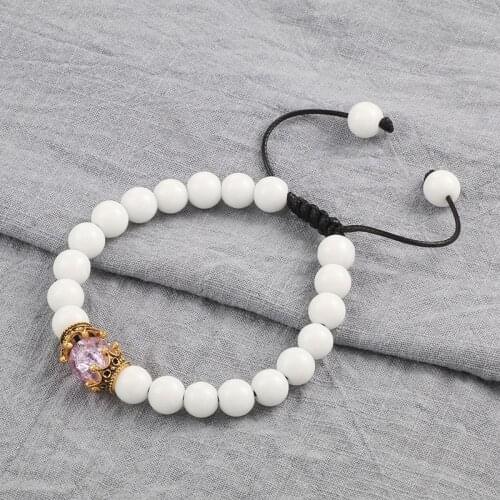 Charm 8mm White Onyx Beads Bracelets for Women Men Imperial Crown Braided Rope Bracelet Fashion Adjustable Yoga Jewelry pulseira
