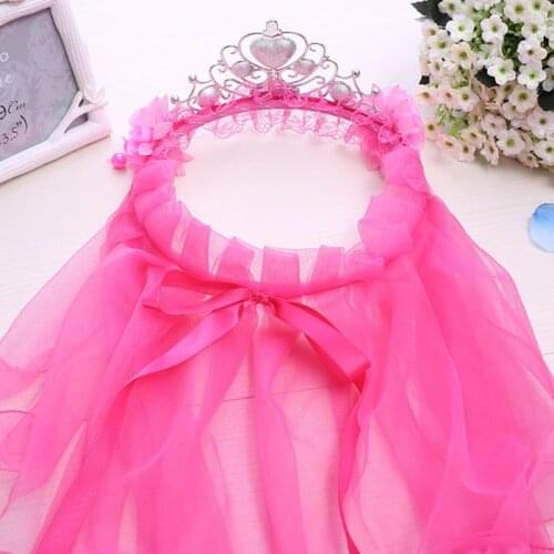 Children Girls Princess Double Layers Tulle Veils Hairband Crown Tiara Rhinestone Headband Lace Up Ribbon Ruffles Wreath Rainbow