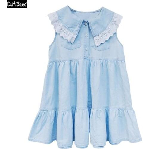 Cultiseed Girl Denim Jeans Dress Big Children Girls Peter pan Collar Princess Party Dress Kids Cute Sleeveless Vest Dresses