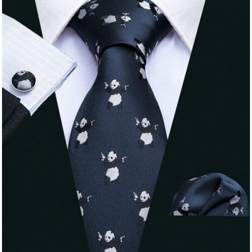LS-5062 Panda Pattern Mens Ties 100% Silk Jacquard Woven Barry.Wang Silk Ties For Men Business Party Groom Wedding NeckTie Set