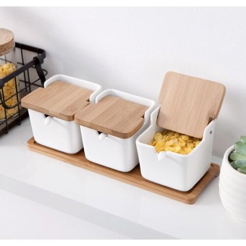 Ceramic Condiment Sugar Container with Lid Salt Shaker Storage Jar Household Condiment Jar Bamboo Tray Spice Jar Soy Sauce Jar