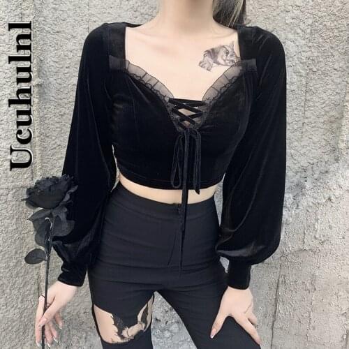 Ucuhulnl Lantern Sleeve Crop Tee Tops Gothic Punk Mesh Patchwork Velvet T-shirt Women Mall Goth Vintage Sexy Lace Up V-neck
