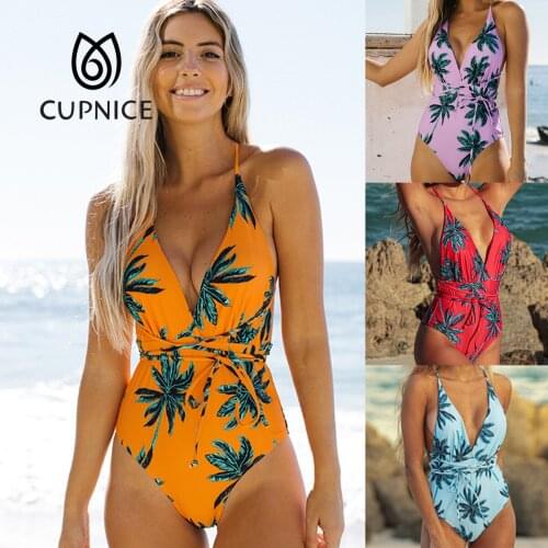 2021 fashion retro womens one-piece swimsuit coconut tree printed swimsuit Womens Deep V Plunge Monokini