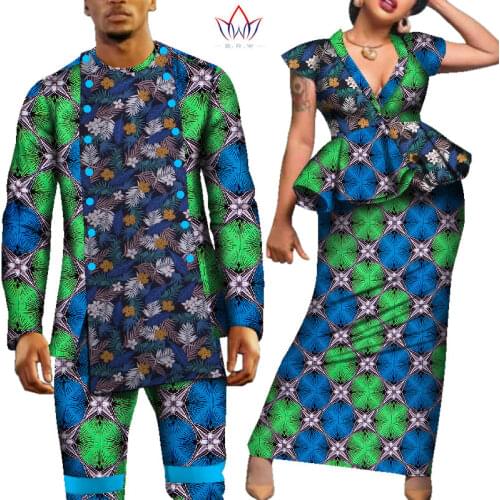 2021 New African Clothing for Couple Dashiki Print Outfits Men Shirt Pant Set and Women Dress for Dinner Evening Wedding WYN611
