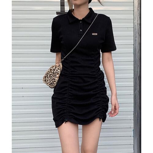 2021 Summer New One-Piece Women Korean Fashion Mini Dress Vintage Sexy Short Sleeve Slim Waist Solid Drawstring Dresses Vestidos
