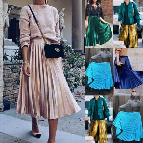 Autumn 2020 Women Long Metallic Silver Maxi Pleated Skirt Midi Skirt High Waist Elascity Casual Party Skirt