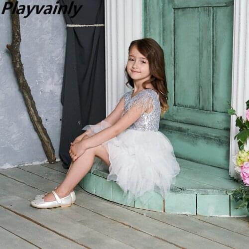 Feather Sequins Tiered Girls Dress Fluffy Tulle Party Kids Princess Dresses for Girls Baby Clothes 2-10Y E13846