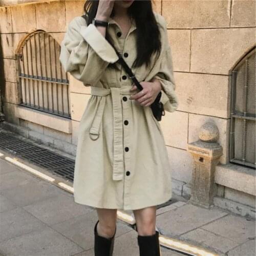 Dress Niche Design Sense, Light Cooked Style, Long-sleeved Corduroy Waist Waist Shirt Dress, Autumn Womens Clothing 2021 New