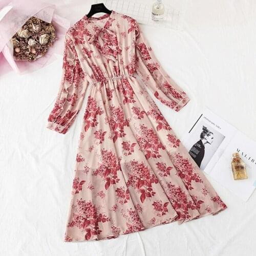 Chiffon Womens Dresses For Autumn 2020 Green Flower Pattern Draped Leaf Print Chiffon Dress Casual Knee elasticity Waist Dress