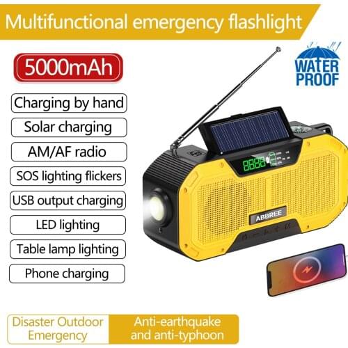 ABBREE Waterproof Emergency Radio Auto Scan AM/FM Charge by Solar Power Hand Crank USB charger Power Bank for Cellphone