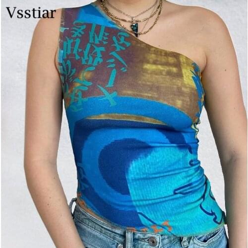 Vsstiar One Shoulder Women Crop Top Streetwear Tie Dye Sleeveless Irregular Ladies Outfits Fashion Party Y2K Summer Tank Tops
