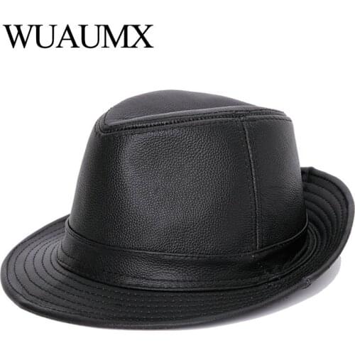 Wuaumx Genuine Leather Cow Leather Fedora Hat For Men Women Cowskin JAZZ Hats Flat Top Gentleman British Style Fedoras Panama