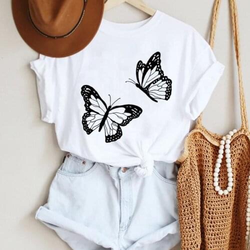 Women Cartoon Butterfly Lovely Beach Holiday Style Fashion Summer Lady Print Tee Graphic T Top Female Tshirts Clothes T-Shirt