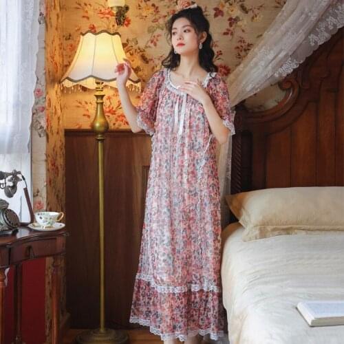 Female Summer Short-sleeved Nightdress Retro Palace Style Night Gown Princess Gauze Lace Nightgowns Modal Sexy Floral Nightwear