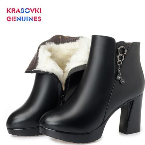 Krasovki Genuines Wool Women Snow Boots High Heel Fur Warm Genuine Leather Shoes Plush Ankle Boots Platform Women Winter Boots