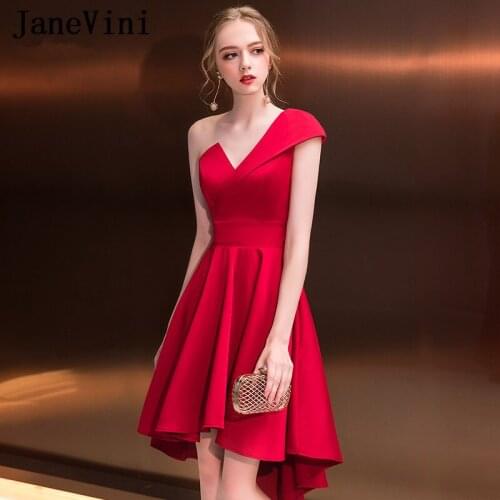 JaneVini Simple High Low Satin Bridesmaid Dresses A Line Pleats One Shoulder Backless Red Prom Gowns Bruidsmeisjes Jurk Women