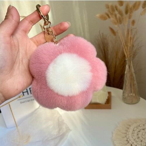 Lively Real Rex Rabbit Fur Sunflower Pendant Keychain Fluffy Cute Key Chain Women Trinket Accessories Gift Toys Bag Ornament