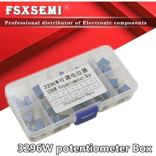 10valuesX5pcs=50pcs 3296W Multiturn Trimmer Potentiometer Kit 3296 Variable Resistor 500R 1K 2K 5K 10K 20K 50K 100K 200K 1M +Box