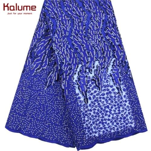 Kalume African Dry Lace Fabric Royal Blue Nigerian Tulle Lace Fabric With Sequins Embroidery French Mesh Lace For Party F2047