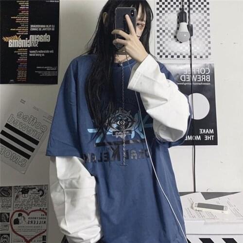 Harajuku bf long-sleeved fake two-piece t-shirt plus size bottoming shirt men women oversized cover meat outside wear punk top