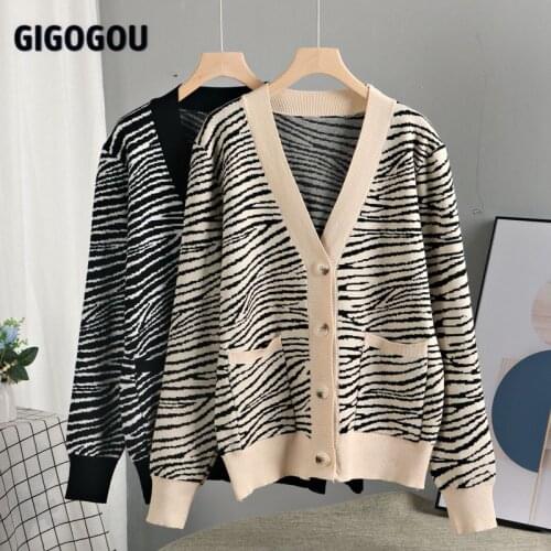 GIGOGOU Big Pocket Vintage Cardigan For Women Sweater Animal Pantern Casual Loose Oversized Cardigans Womens Winter Coats 2021