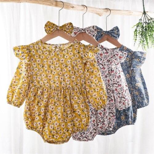 Cute Baby Girls Rompers 0-24M Spring Autumn Newborn Baby Clothes For Girls Long Sleeve Floral Jumpsuits Headband Outfits Clothes