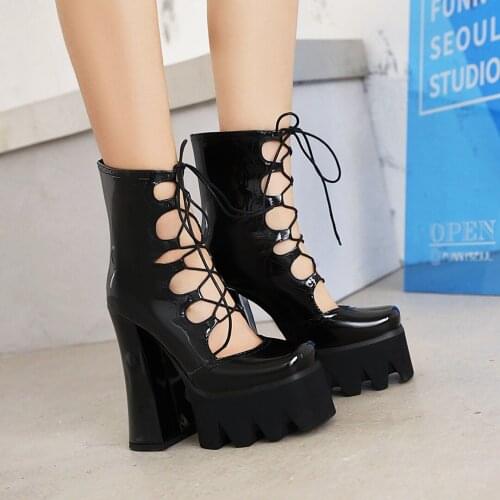 Summer Women Patent leather Platform Chunky Heeled Bootie Women Shoes spring Square head Lace-up High Heel Sexy Ladies Shoes