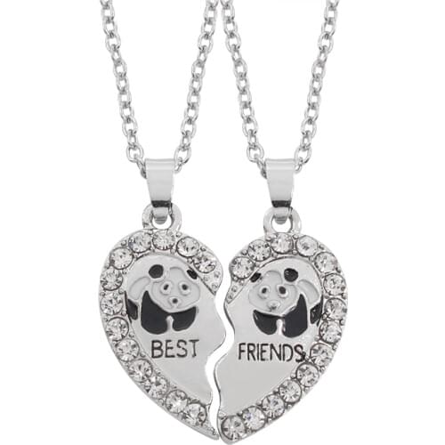 2 Piece Set Of Cute Best Friend Pendant Necklace Panda Heart Shaped Rhinestone BFF Necklace Friendship Creative Jewelry Gift