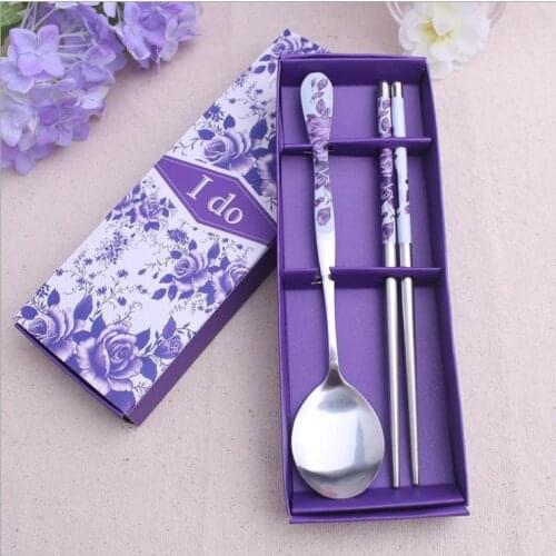 Stainless Steel Chopsticks&Spoon Set in Purple Gift Box Kitchen Party Supplies Dinnerware Sets