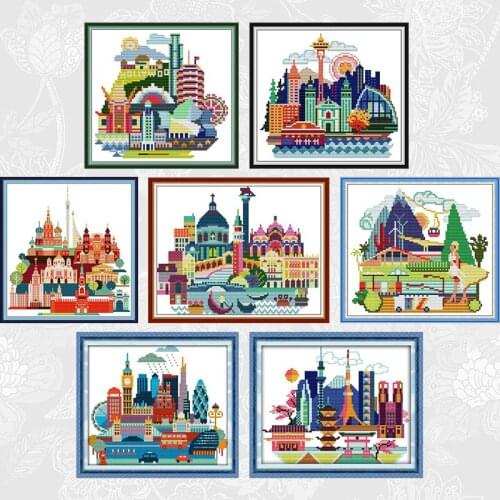 Cityscape Series Cross Stitch Paintings Printed on Canvas 14CT 11CT DIY Handmade Embroidery Sets DMC Needlework Home Crafts