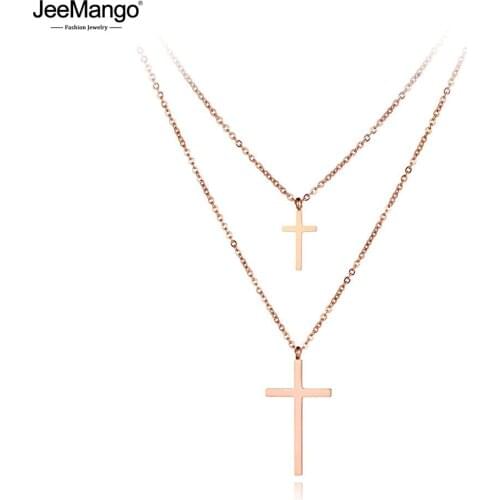 JeeMango Bohemia Titanium Stainless Steel Double-layered Cross Charm Choker Necklaces Pendant Chain Jewelry For Women JN19080