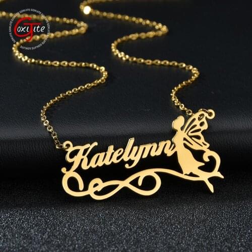 Goxijite Personalized Name Fairy Angel Necklace For Women Stainless Steel Custom Gold Name Pendant Necklaces Jewelry Gift