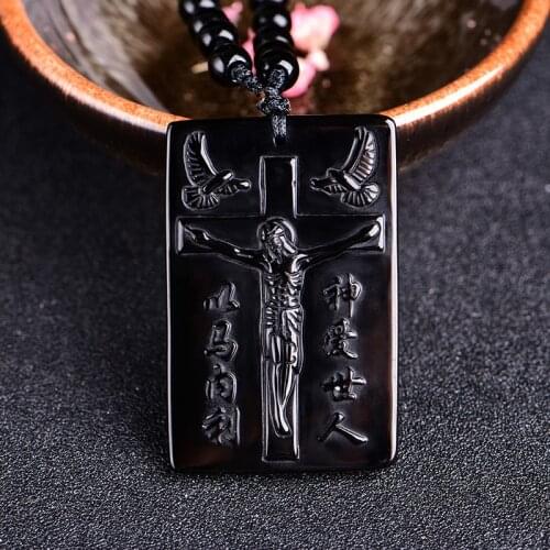 Natural Obsidian Cross Jesus Christ Pendants Jewelry Fine Jewelry Lucky Safety Amulet Pendant Christmas Jewelry