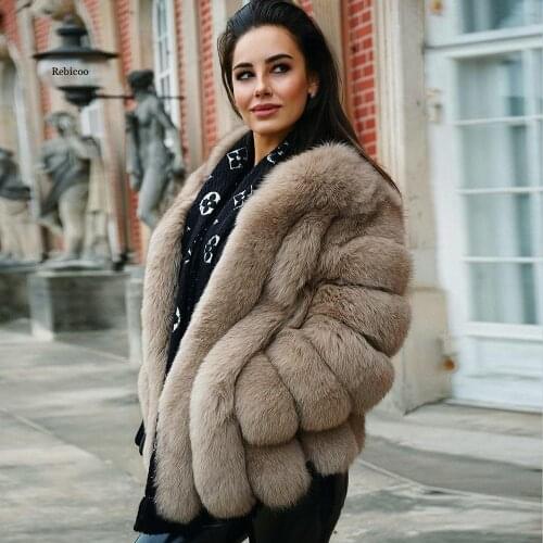 Luxury Faux Fox Fur Coat Women Plus Size Fluffy Collar Womens Warm Coat Winter Thick Long-Sleeved Clothes Plush Thick Outwear