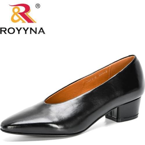 ROYYNA 2020 New Designers Popular Pumps Leather Thick High Heel Shoes Women Pointed Toe Office Work Footwear Ladies Wedding Shoe
