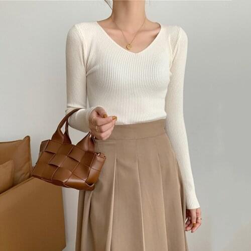 Autumn Winter Thin V-Neck Knitted Sweater Women Long Sleeve Slim Fit Solid Basic Undershirt Pullover Fashion Pull Femme