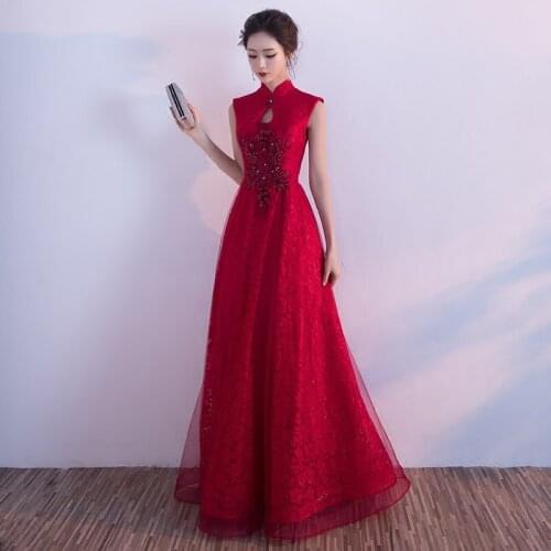Vintage Improved Chinese Style Sleeveless Cheongsam Burgundy Mandarin Collar Appliques Beading Vestidos Elegant Prom Party Dress