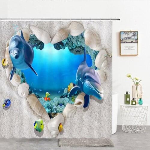 Shower Curtain Ocean Dolphin Ocean World Animal Waterproof Cloth Bathroom Shower Curtain Cute Fish Screen