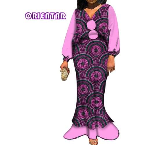 2 Pieces Set Women African Clothes V-neck Tops and Skirts Bazin Riche African Print Skirts Set Party Lady African Suits WY5683